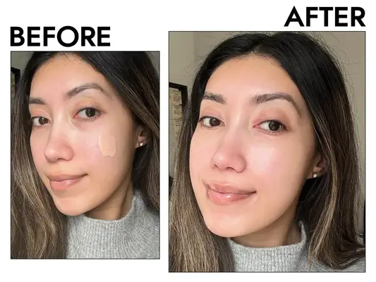 a person before and after applying Tatcha The Silk Sunscreen